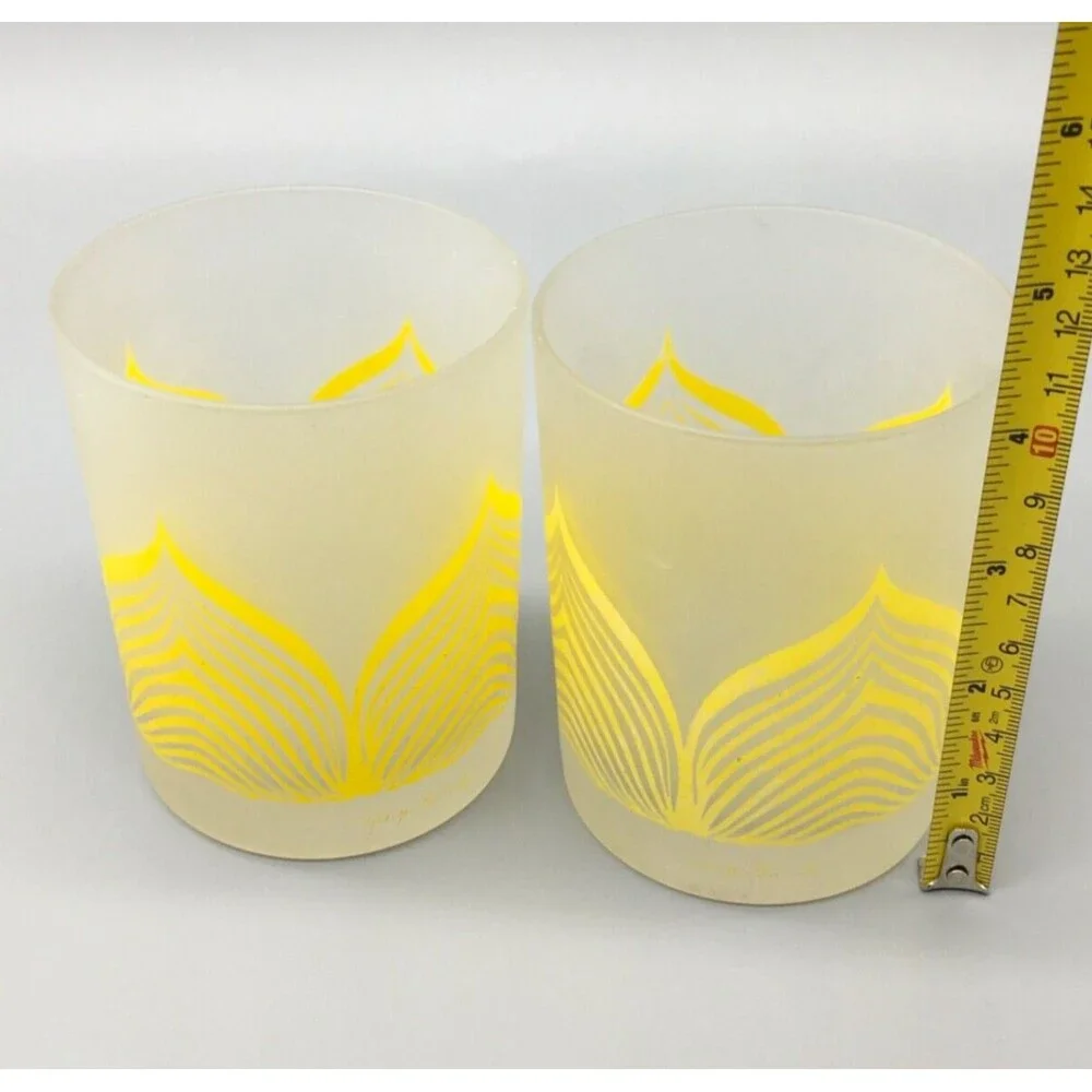 Vintage Georges Briard Low Ball Old Fashion Glasses MCM Pair Frost Clear Yellow